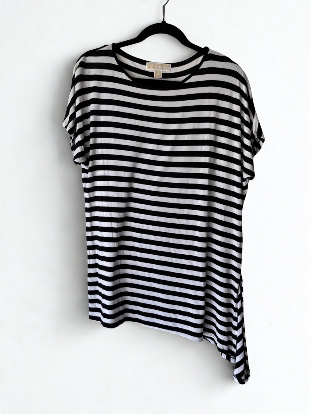 Michael Kors Black and White Striped Asymmetric Short Sleeve Tee